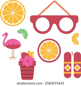 A picture of a flamingo, a pair of sunglasses, a pair of glasses, a pair of flip flops