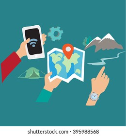 Picture flat camping hiking mountain navigation, world map, travel, tourism, vector