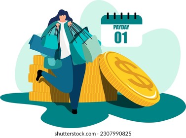una imagen de diseño plano que describe el día de pago y la compra