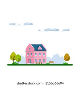 Picture of flat style house building. Real estate concept banner. Urban and suburban modern building.