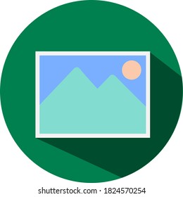 Picture flat vector icon. Picture vector illustration with long shadow. Isolated on green background.