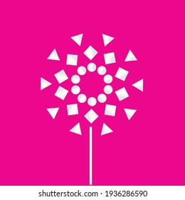 A picture of flower made from shape array with repetitive geometric shape in gem and jewel colour on pink background.