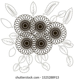 Picture of flowers with leaves, black and white pattern. Picture pattern, decoration, mandala picture. Illustration, coloring book.