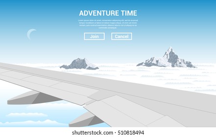 picture of flying plane wing with clouds and mountain peaks on background, flat style illustration