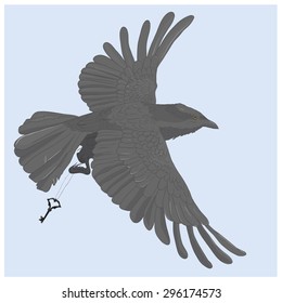 a picture of a flying raven holding a key on a chain