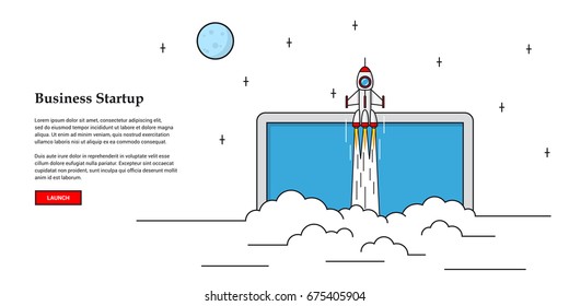 Picture of flying rocket, business startup banner concept, flat style illustration