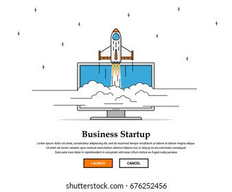 Picture of flying rocket, business startup banner concept, flat style illustration