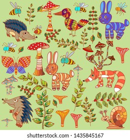 Picture of the forest life. Flora and fauna. Vector illustration.