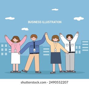 A picture of four office workers shouting "fighting" together