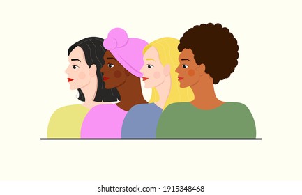 Picture of four women in profile. Different nationalities. Women's Day. Vector illustration