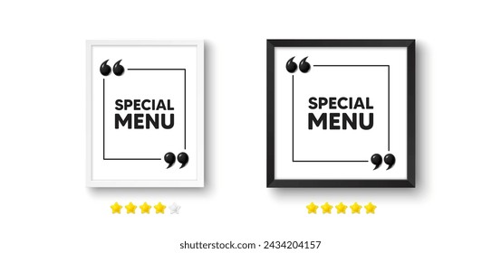 Marco de imagen con icono de cita 3d. Etiqueta de menú especial. Oferta de comida de cocina. Menú del restaurante. Mensaje de chat de menú especial. Pared del marco de la foto. Comas 3d. Vector