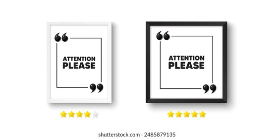 Picture frame with 3d quotation icon. Attention please tag. Special offer sign. Important information symbol. Attention please chat message. Photo frame wall. 3d comma quotes. Vector