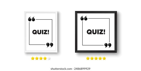 Picture frame with 3d quotation icon. Quiz tag. Answer question sign. Examination test symbol. Quiz chat message. Photo frame wall. 3d comma quotes. Vector