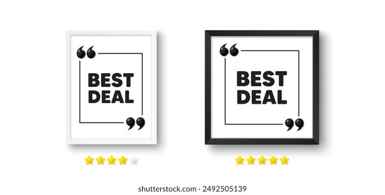 Bilderrahmen mit 3D-Anführungszeichen. Best-Deal-Tag. Sonderangebot Sale-Zeichen. Anzeigenrabattsymbol. Best Deal Chat-Nachricht. Fotorahmenwand. 3D-Komma-Anführungszeichen. Vektorgrafik