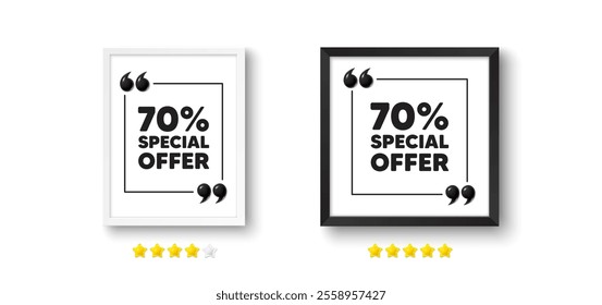 Picture frame with 3d quotation icon. 70 percent discount offer tag. Sale price promo sign. Special offer symbol. Discount chat message. Photo frame wall. 3d comma quotes. Vector