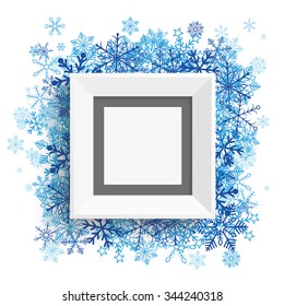 Picture frame with blue snowflakes on the white. Eps 10 vector file.