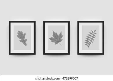 Picture frame with botanical illustration of autumn oak, rowan, maple leaf engraving. Vector realistic frame gallery for interior wall mockup 