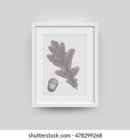 Picture frame with botanical illustration of oak autumn leaf engraving. Vector realistic paper plastic white framing mat with wide borders shadow. Isolated picture frame A4 vertical mockup template