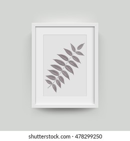 Picture frame with botanical illustration of rowan autumn leaf engraving. Vector realistic paper plastic white framing mat with wide borders shadow. Isolated picture frame A4 vertical mockup template