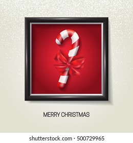 Picture frame with candy cane. Christmas holiday card. New Year. Vector illustration.