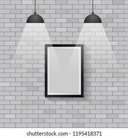 Picture frame with ceiling lights on grey brick wall background, stock vector