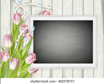 Picture frame with chalkboard in it, with pink tulips. EPS 10 vector file included