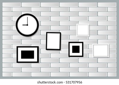 Picture frame and clock on the brick wall design vector