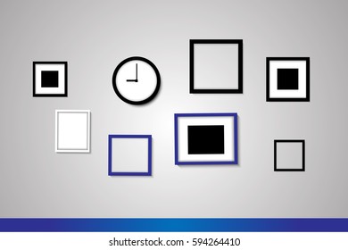 Picture frame and clock on the wall design vector