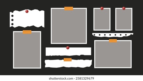 Picture frame collage layout  with torn paper, and cut notebook. Scrapbook element collection