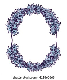 Picture frame decor from lush blue feathers sketch doodle vector illustration