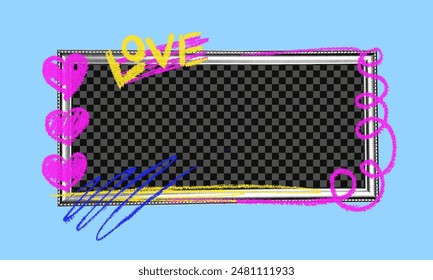 Picture frame with the effect of halftones and naive scribbles of crayon, chalk or markers in neon colors. Vector illustration of a carved rectangular frame in retro collage style.