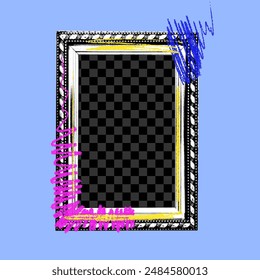 Picture frame with the effect of halftones and naive scribbles of crayon, chalk or markers in neon colors. Vector illustration of a carved rectangular frame in retro collage style.