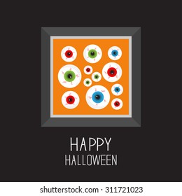 Picture frame Eyeballs with bloody streaks. Happy Halloween card.  Black background Flat design. Vector illustration