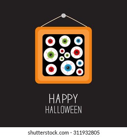 Picture frame Eyeballs with bloody streaks. Happy Halloween card.  Black background Flat design. Vector illustration