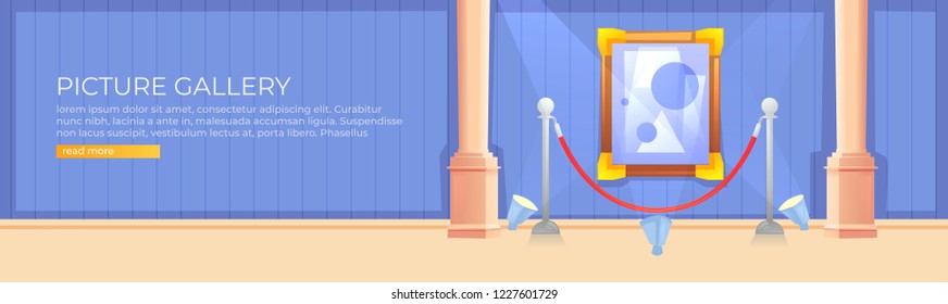 Imagen en cuadro en banner horizontal de galería. El moderno diseño del museo interior. Concepto de arte pintado. Ilustración de dibujos animados