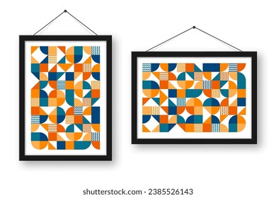 Picture frame with geometric trendy pattern, Bauhaus style. Modern background, simple elements. Retro texture, basic geometric shapes. Print design, minimalist poster cover. Vector illustration