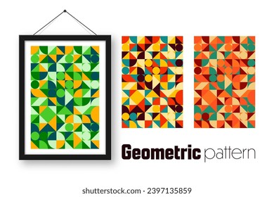 Picture frame with geometric trendy pattern, Bauhaus style. Modern background, simple elements. Retro texture, basic geometric shapes. Print design, minimalist poster cover. Vector illustration