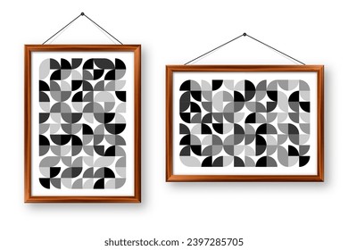 Picture frame with geometric trendy pattern, Bauhaus style. Modern background, simple elements. Retro texture, basic geometric shapes. Print design, minimalist poster cover. Vector illustration
