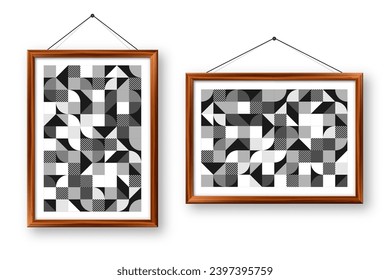 Picture frame with geometric trendy pattern, Bauhaus style. Modern background, simple elements. Retro texture, basic geometric shapes. Print design, minimalist poster cover. Vector illustration