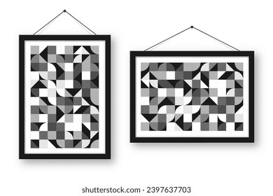 Picture frame with geometric trendy pattern, Bauhaus style. Modern background, simple elements. Retro texture, basic geometric shapes. Print design, minimalist poster cover. Vector illustration