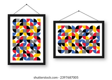 Marco de imagen con diseño geométrico de moda, estilo Bauhaus. Fondo moderno, elementos sencillos. Textura retro, formas geométricas básicas. Diseño de impresión, portada de póster minimalista. Ilustración del vector