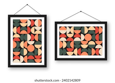 Picture frame with geometric trendy pattern, Bauhaus style. Modern background, simple elements. Retro texture, basic geometric shapes. Print design, minimalist poster cover. Vector illustration