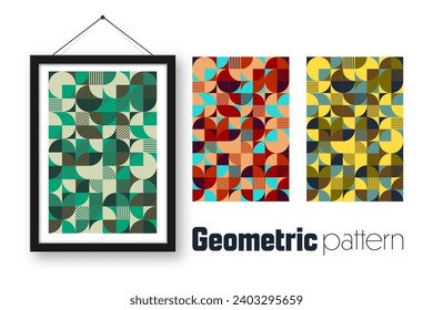 Picture frame with geometric trendy pattern, Bauhaus style. Modern background, simple elements. Retro texture, basic geometric shapes. Print design, minimalist poster cover. Vector illustration