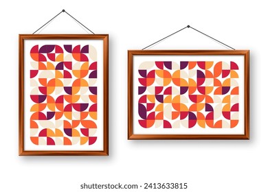 Picture frame with geometric trendy pattern, Bauhaus style. Modern background, simple elements. Retro texture, basic geometric shapes. Print design, minimalist poster cover. Vector illustration