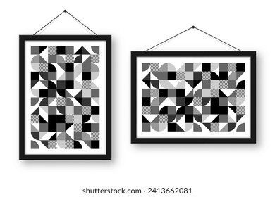 Marco de imagen con diseño geométrico de moda, estilo Bauhaus. Fondo moderno, elementos sencillos. Textura retro, formas geométricas básicas. Diseño de impresión, portada de póster minimalista. Ilustración del vector