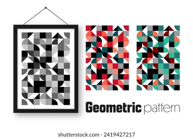 Picture frame with geometric trendy pattern, Bauhaus style. Modern background, simple elements. Retro texture, basic geometric shapes. Print design, minimalist poster cover. Vector illustration