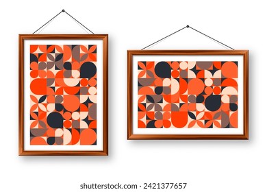 Picture frame with geometric trendy pattern, Bauhaus style. Modern background, simple elements. Retro texture, basic geometric shapes. Print design, minimalist poster cover. Vector illustration