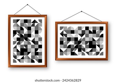 Marco de imagen con un patrón de tendencia geométrica. Fondo moderno, elementos sencillos. Textura retro, formas geométricas básicas. Diseño de impresión, portada de póster minimalista. Ilustración del vector