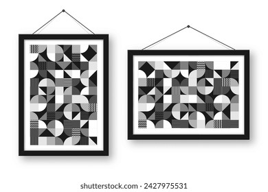 Picture frame with geometric trendy pattern. Modern background, simple elements. Retro texture, basic geometric shapes. Print design, minimalist poster cover. Vector illustration