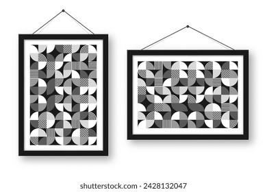 Marco de imagen con patrón geométrico de moda. Fondo moderno, elementos simples. Textura retro, formas geométricas básicas. Diseño de impresión, cubierta de póster minimalista. Ilustración de vector